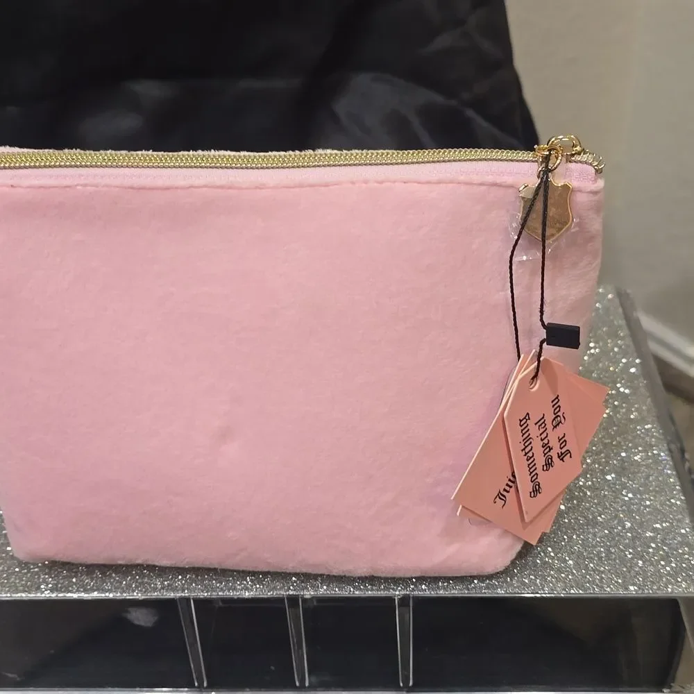 Juicy Couture Gold Signature Logo‎ Embossed Rhinestone Velour Cosmetic Pouch